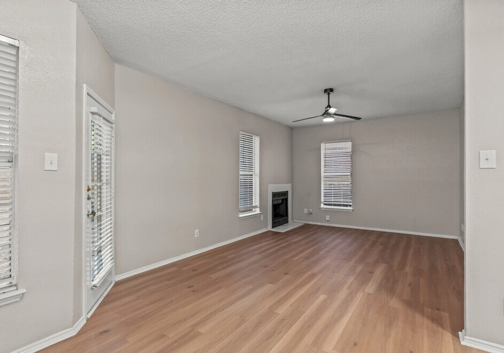 Open-concept living room with fireplace