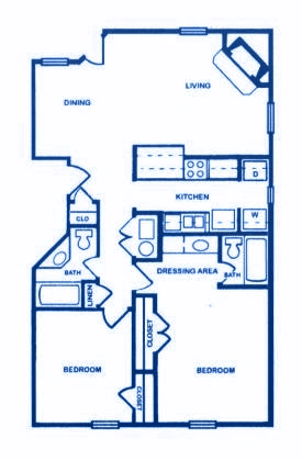 2x2 · 2 Bedrooms · 2 Baths floor plan at Valencia Plaza Apartment Homes